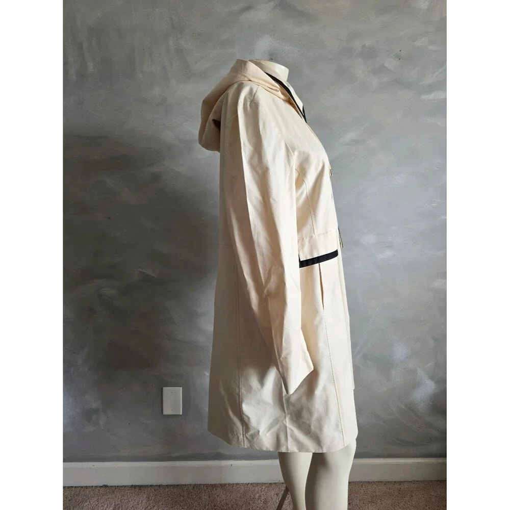 Kate Spade Single Breasted Pale Yellow & Navy Blue Hooded Trench Coat Sz L